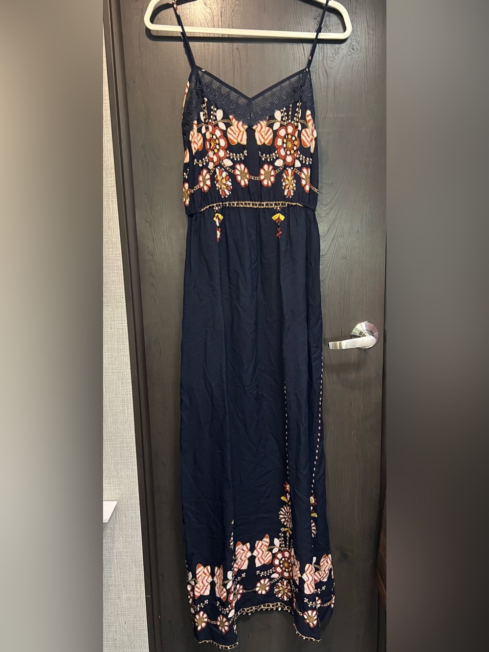 Molly Bracken Navy Maxi Dress with Orange, White & Yellow Floral Embroidery Lace